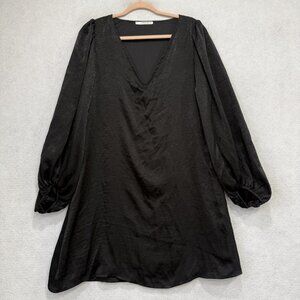 Caramela Dress Womens Medium Black Satin V Neck Balloon Sleeve Swing Mini